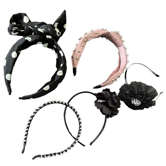 2/$15! Bundle of 5 Headbands Dress Up Black Blush Rhinestones Beads Mixed Set - Picture 1 of 7